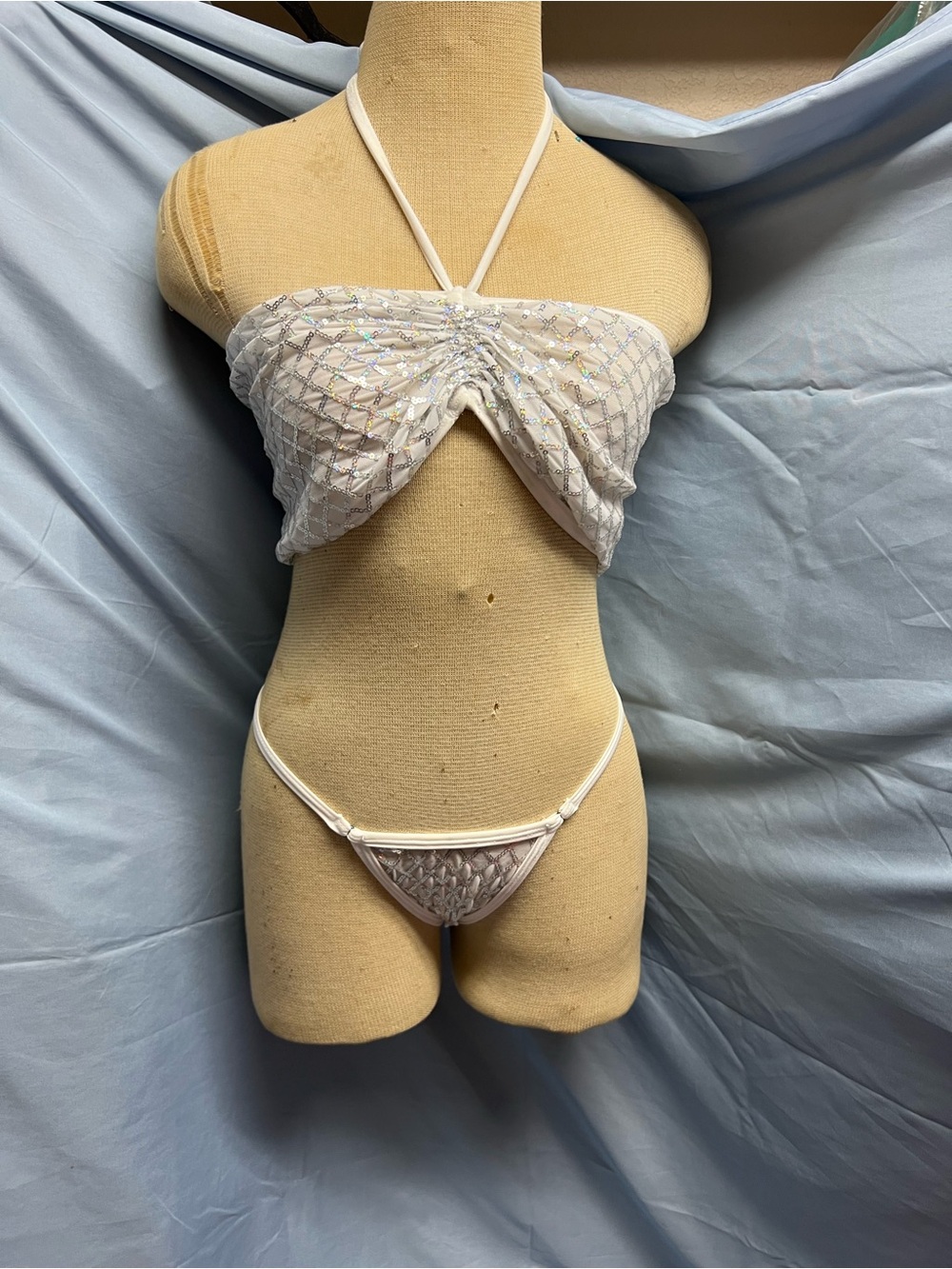 White Mesh Sequin Ruched Bandeau & Thong Set